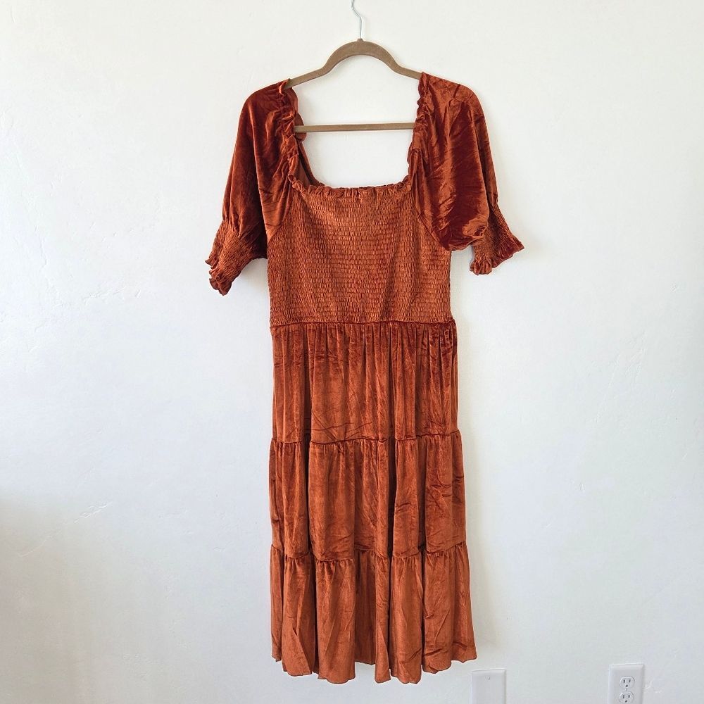 Burnt Orange Copper Velvet Maxi Dress Tiered Smocked Holiday Party Christmas M - Picture 9 of 12